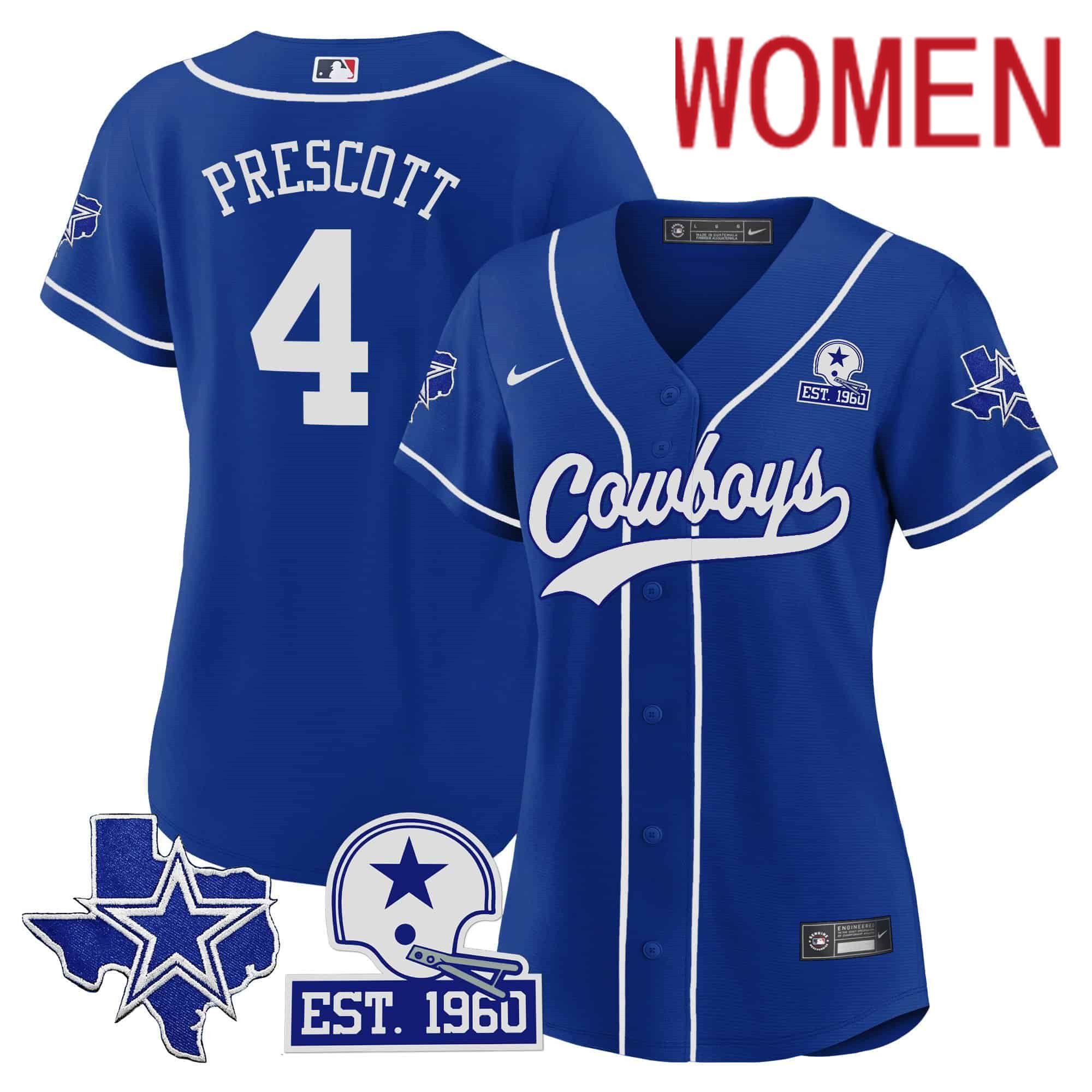 Women Dallas Cowboys #4 Prescott Blue 2024 Nike Patch Baseball NFL Jersey